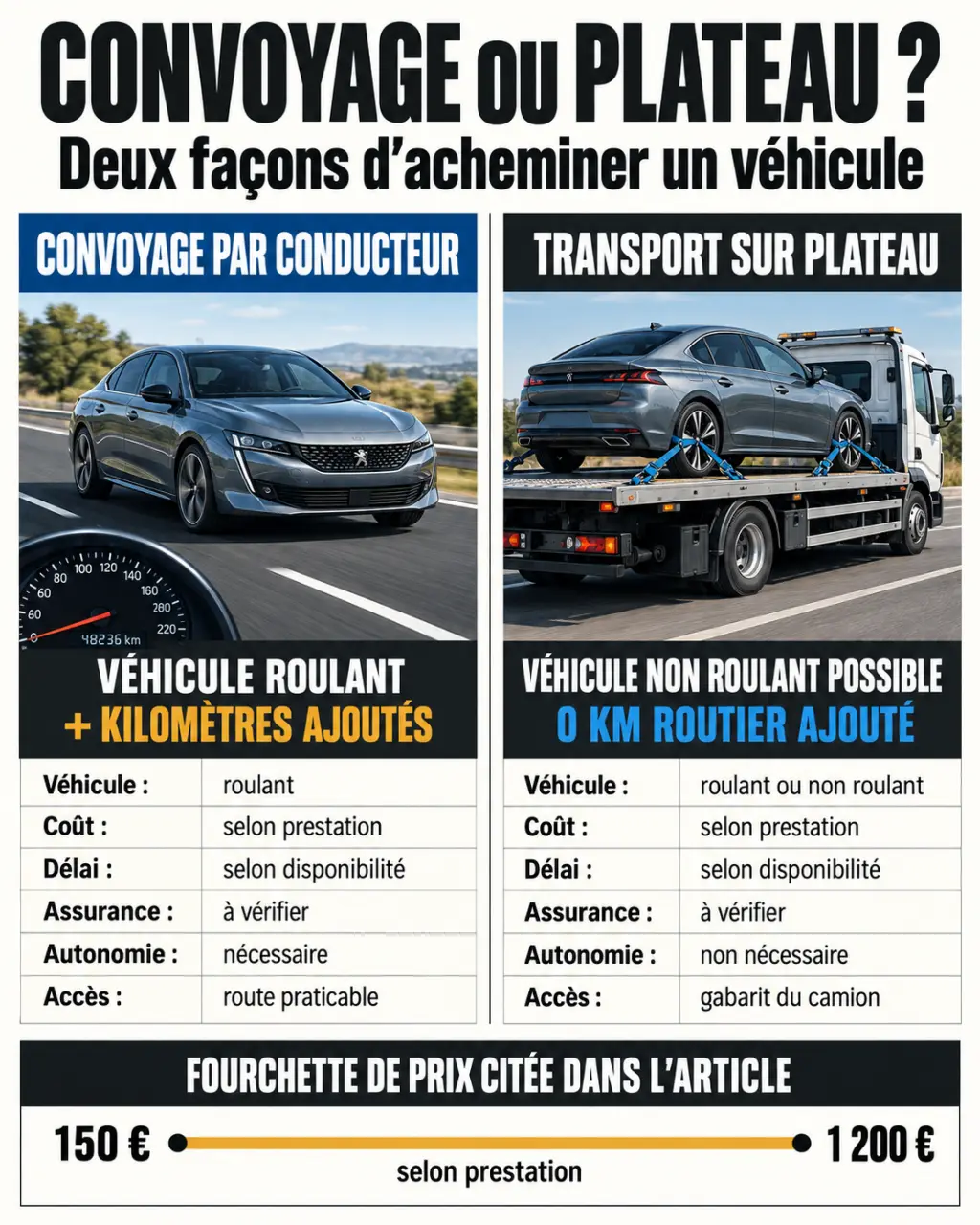 Infographie comparative du convoyage de véhicule et du transport sur plateau