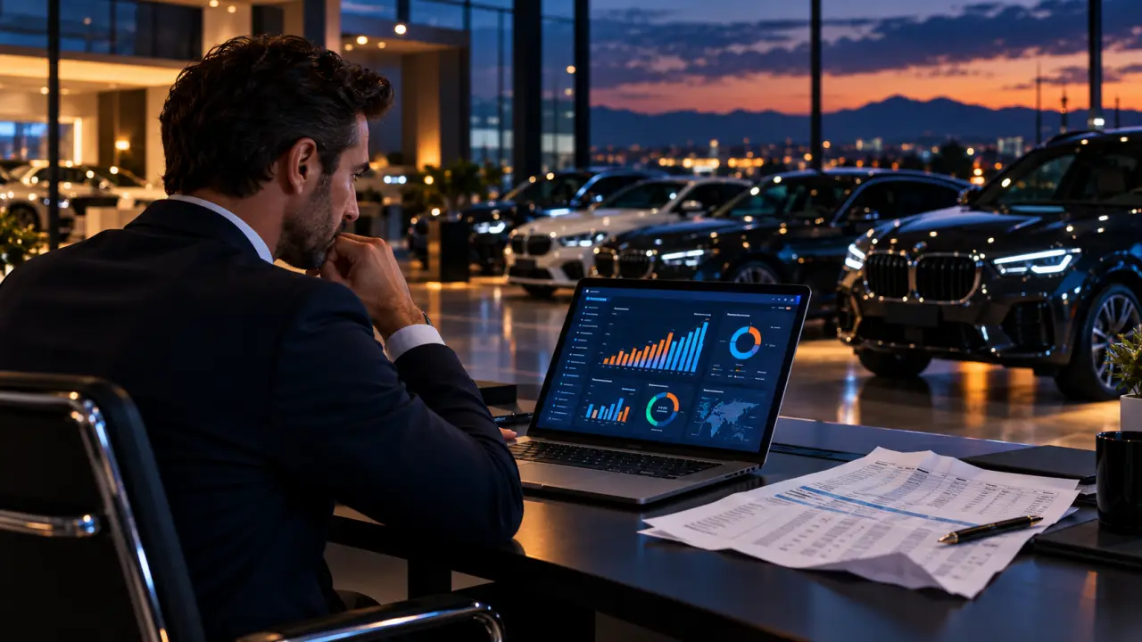 Tableau de bord CRM automobile affichant le suivi des ventes et de la marge d'une concession