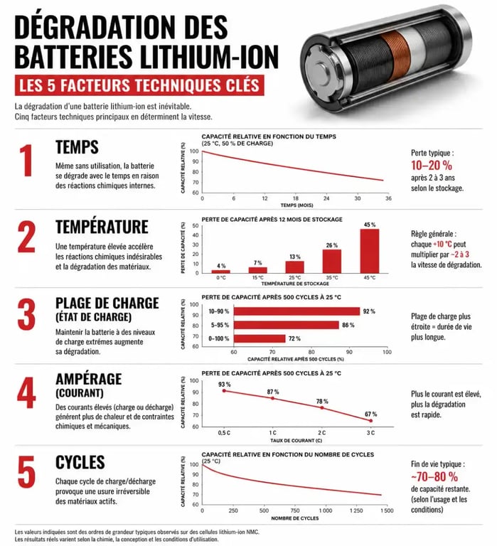 Infographie des 5 facteurs de dégradation d'une batterie de voiture électrique