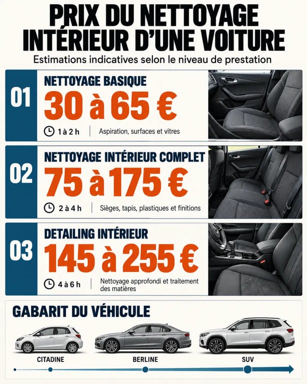 Nettoyage voiture interieur prix : infographie des tarifs selon la formule et le type de véhicule