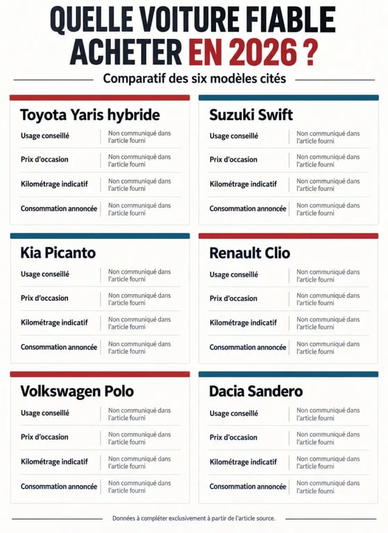 Infographie comparative pour savoir quelle voiture fiable acheter en 2026 selon le budget et l'usage