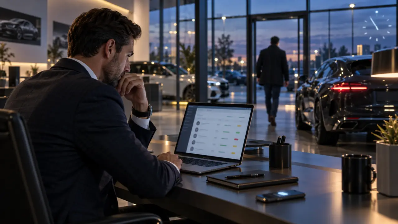 Équipe commerciale d'une concession automobile utilisant un CRM pour suivre ses prospects
