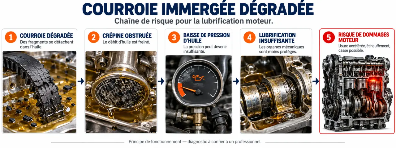 Schéma de la chaîne de risque liée à la courroie sur une Peugeot 208 1.2 PureTech 100 fiabilité