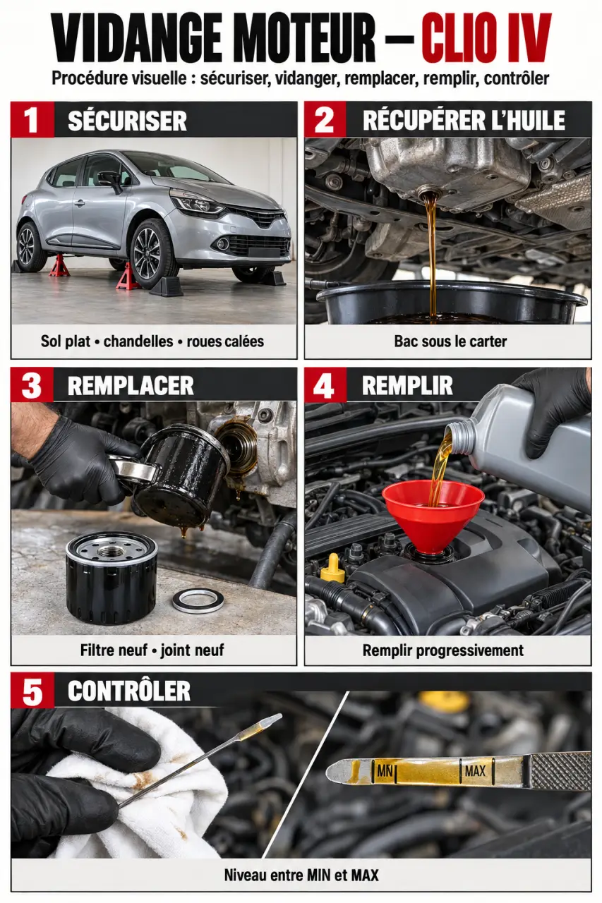 Étapes illustrées d’une vidange Clio 4 avec remplacement du filtre et contrôle du niveau d’huile