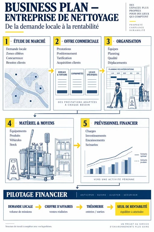 Business plan entreprise de nettoyage : schéma de l’étude de marché au prévisionnel financier