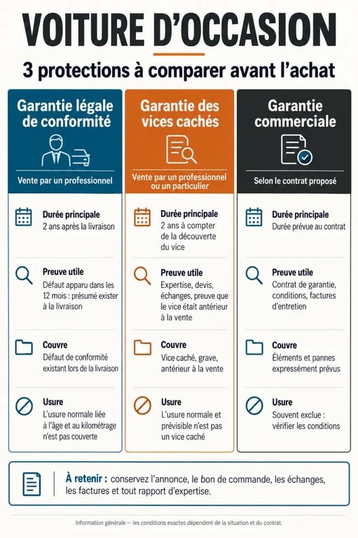 Infographie expliquant que couvre la garantie voiture occasion selon le type de garantie