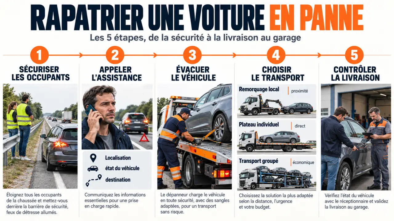 Comment faire rapatrier sa voiture en panne : étapes de sécurisation, assistance, transport et livraison