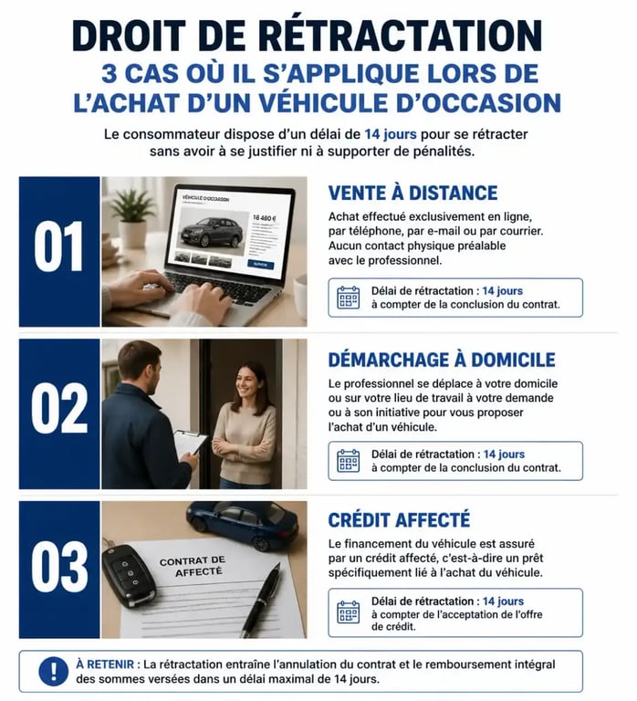 Infographie récapitulative du droit de rétractation achat voiture occasion professionnel