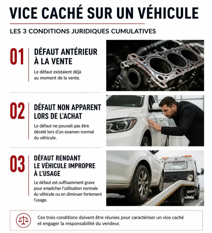 Infographie des 3 conditions pour un vice caché lors de l'achat d'une voiture entre particuliers