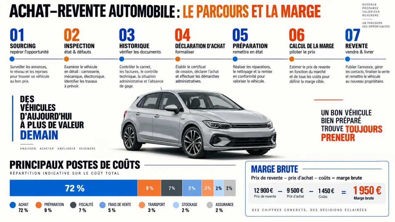 Infographie du parcours d'achat revente voiture et des principaux coûts