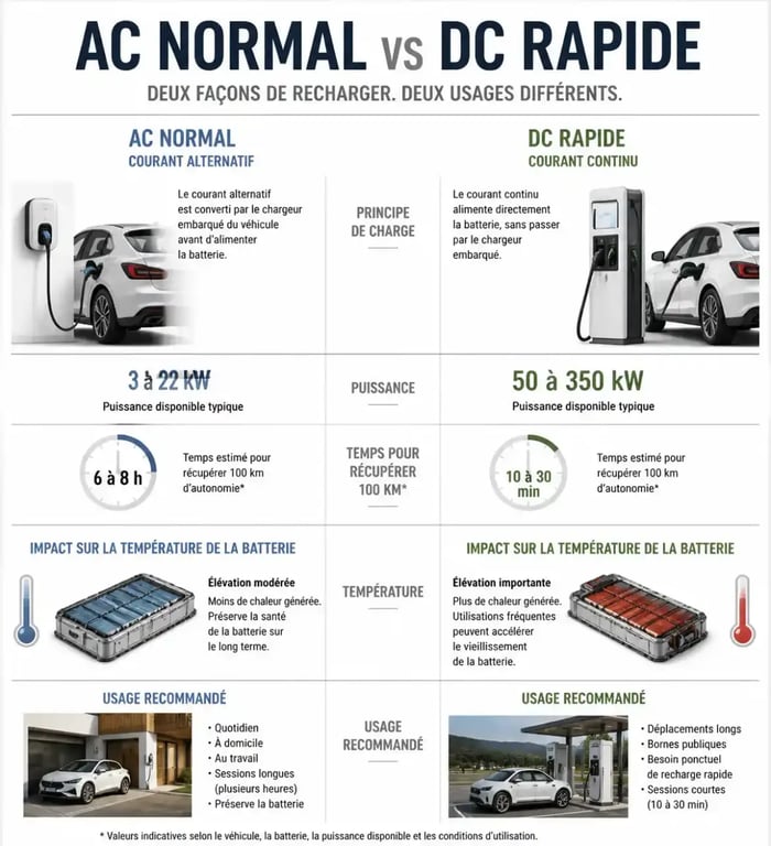 Comparatif visuel recharge normale AC vs recharge rapide DC pour batterie de voiture électrique