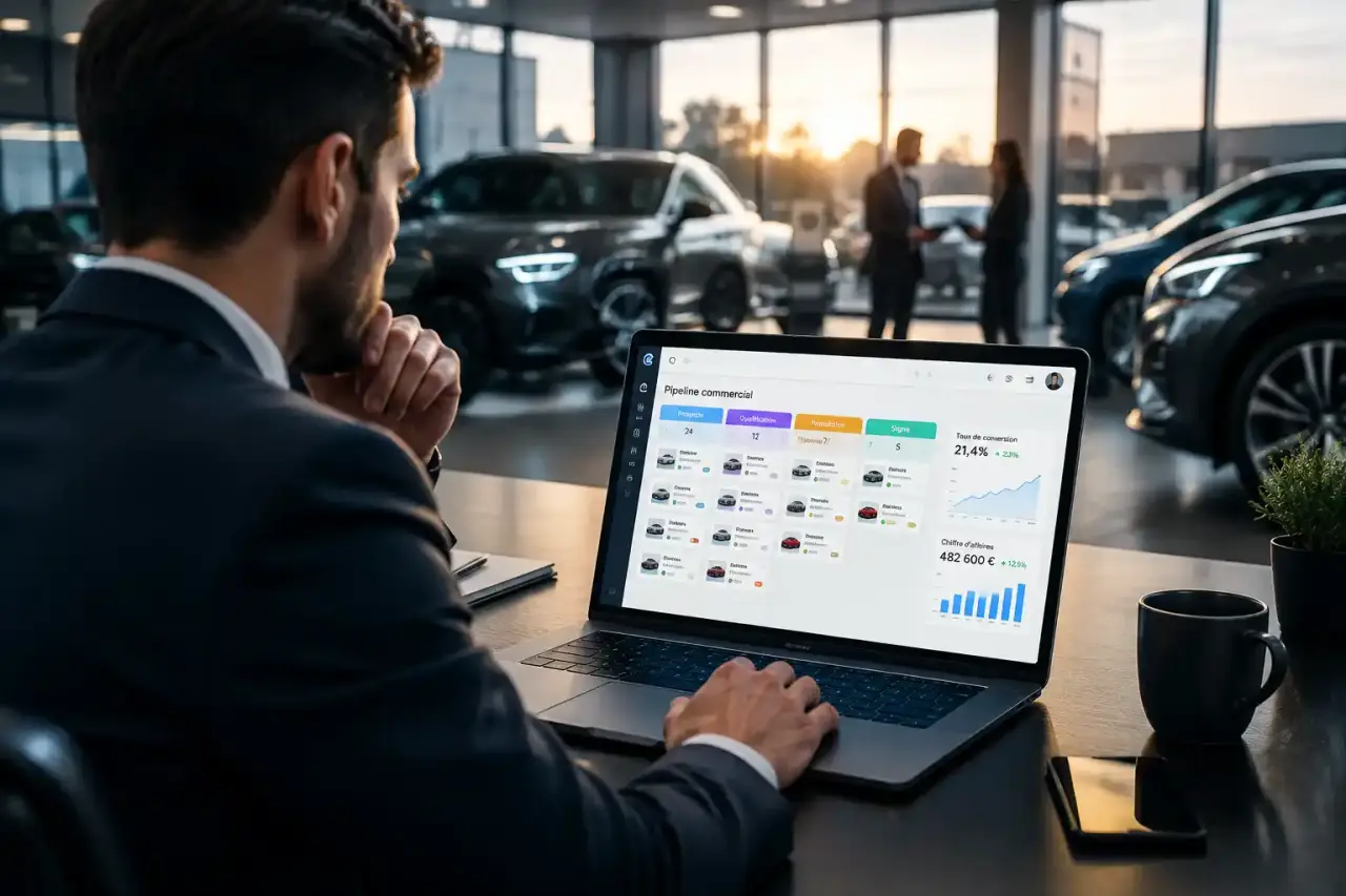 Équipe commerciale automobile pilotant un pipeline de ventes dans un CRM