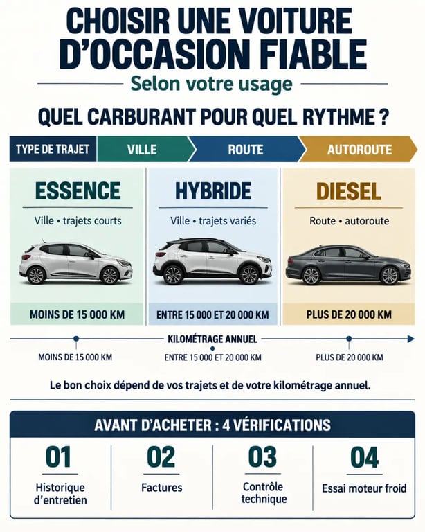 Infographie pour choisir une voiture d’occasion fiable selon le kilométrage et la motorisation
