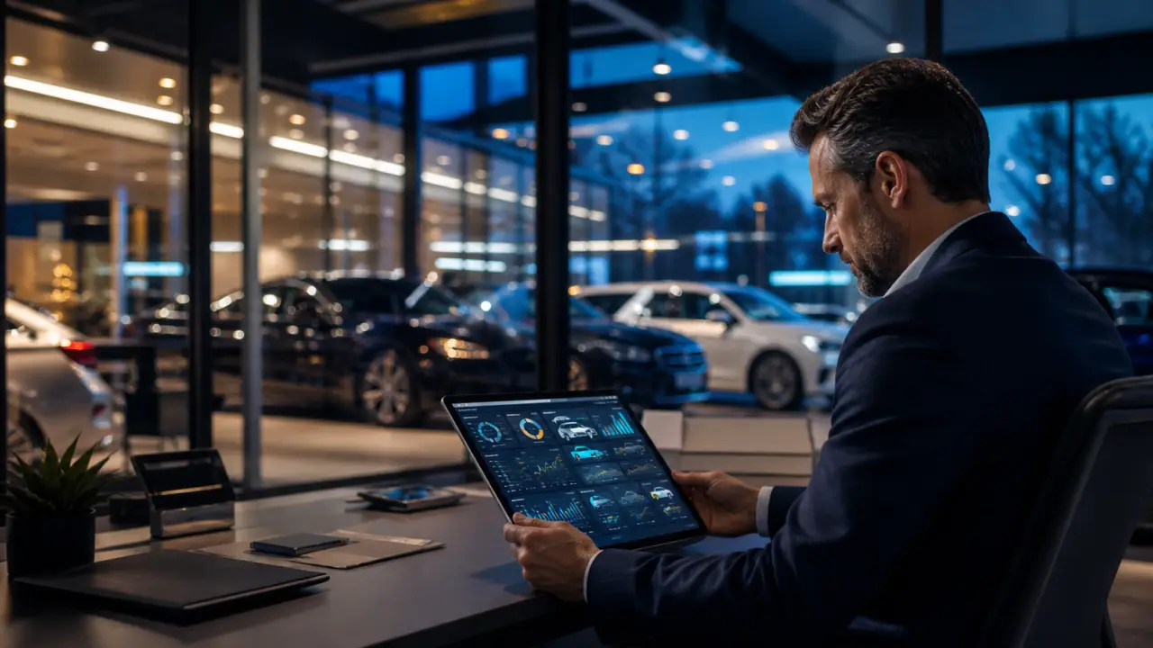 Illustration d'une concession automobile en pleine bascule digitale avec tableau de bord CRM